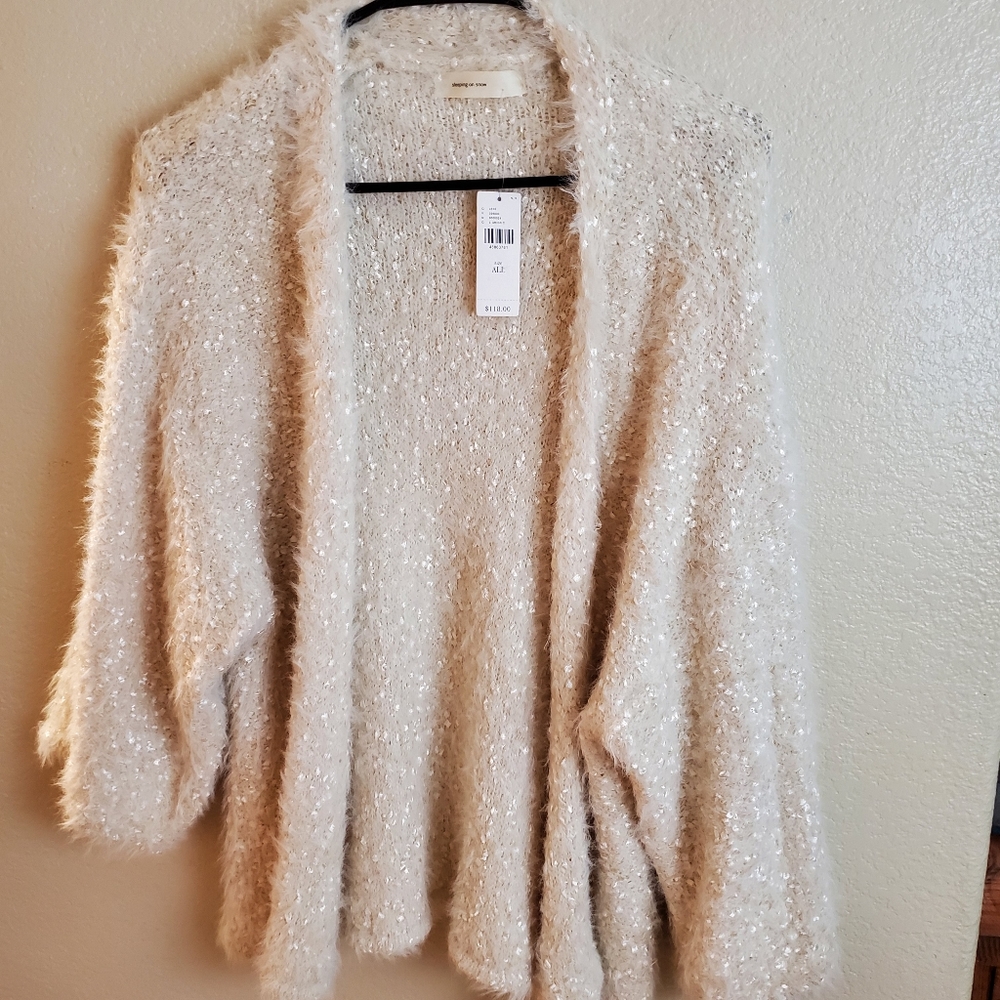 Sleeping on Snow Ivory Shimmer Sparkle Fuzzy Cozy Kimono Cardigan Sweater - Picture 4 of 10